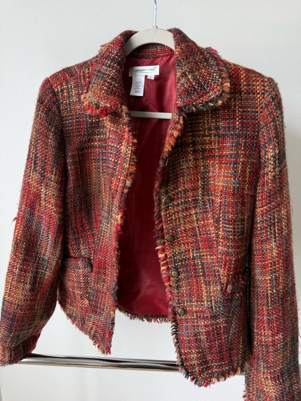 Coldwater Creek Red Multi-Tone Tweed Fringe Blazer